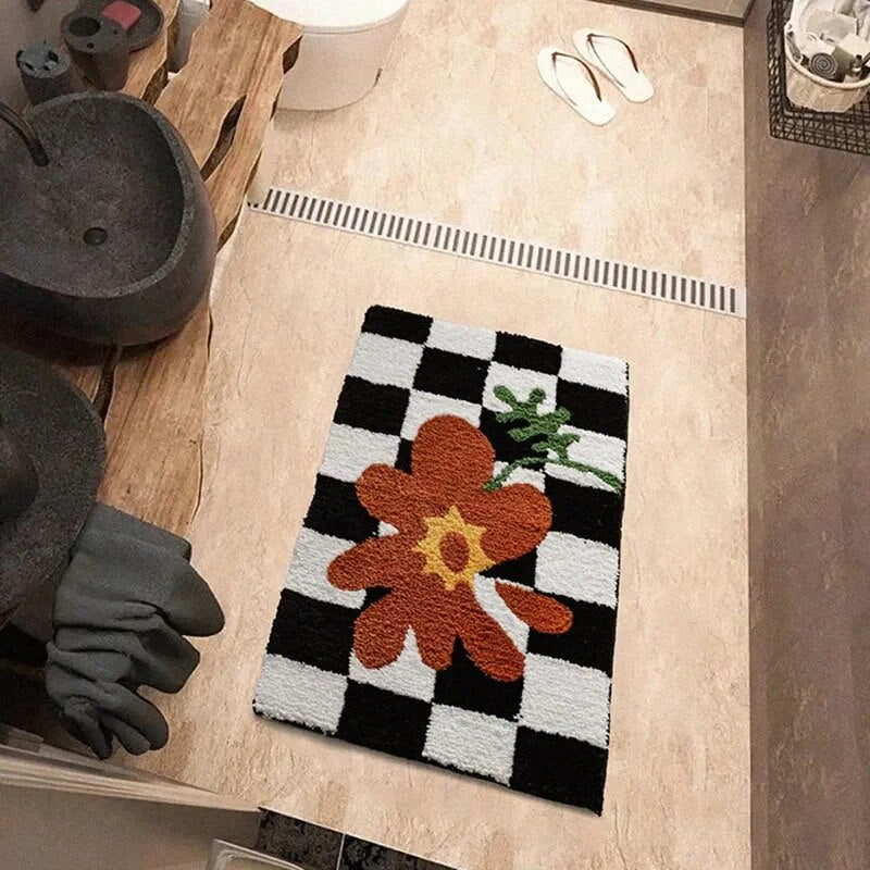 Retro Chessboard Plaid Bath Mats Fluffy Grids Soft Floral Carpet Bathroom Carpet Bedside Carpet Home Decor Anti Slip Floor Mats