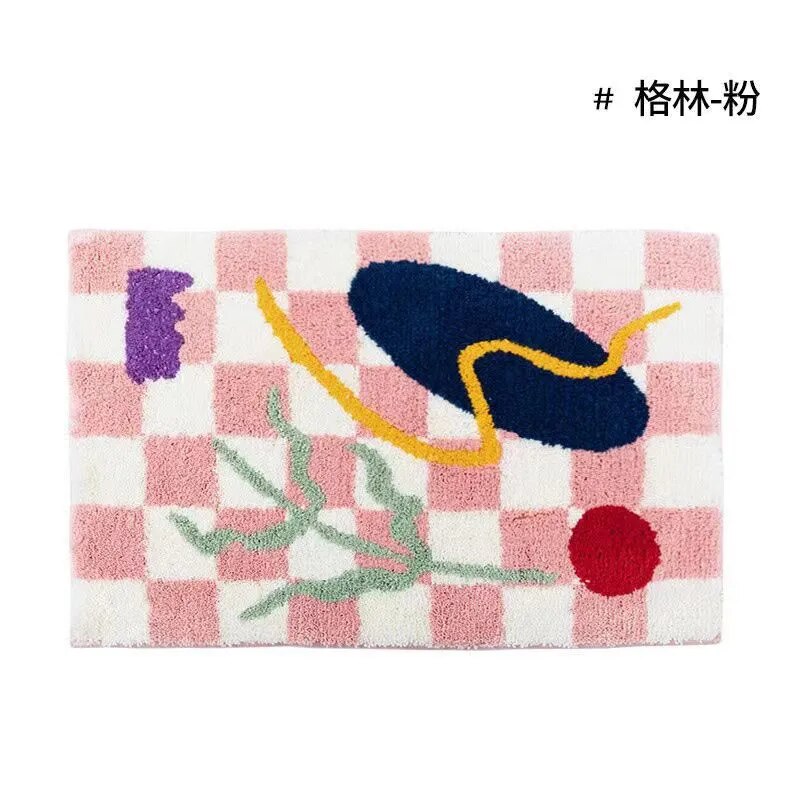 Retro Chessboard Plaid Bath Mats Fluffy Grids Soft Floral Carpet Bathroom Carpet Bedside Carpet Home Decor Anti Slip Floor Mats