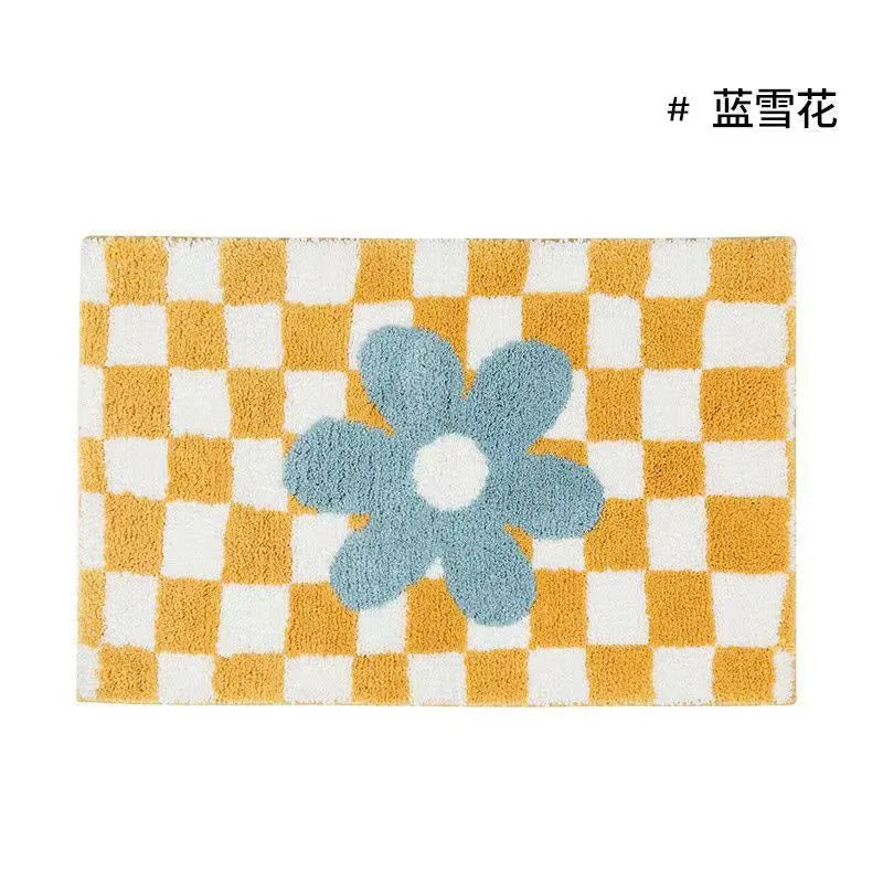Retro Chessboard Plaid Bath Mats Fluffy Grids Soft Floral Carpet Bathroom Carpet Bedside Carpet Home Decor Anti Slip Floor Mats
