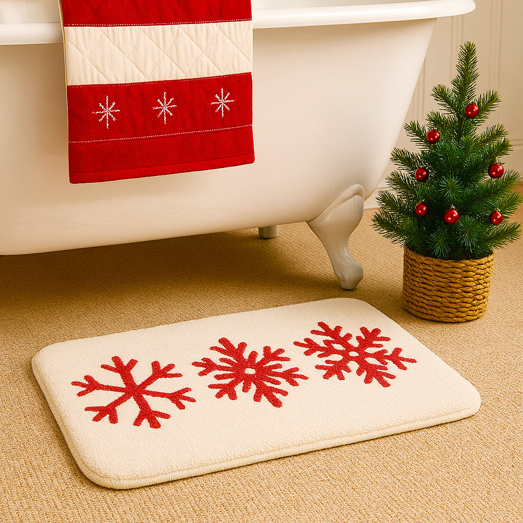 Feblilac Red Snowflake Christmas Bath Mat – Soft Tufted Holiday Bathroom Rug