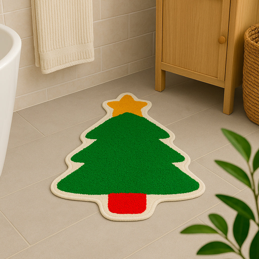 Feblilac Christmas Tree Shaped Bath Mat – Soft Plush Holiday Rug for Bathroom, Entryway & Home Decor
