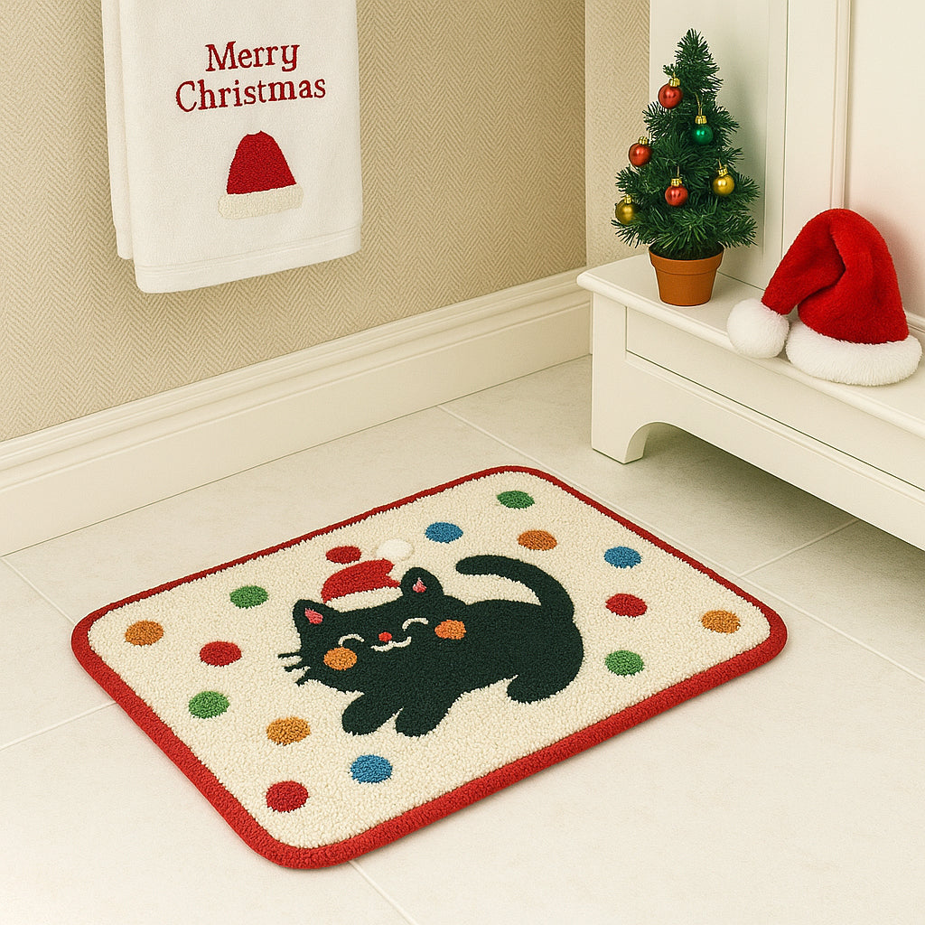 Feblilac Christmas Black Cat Bath Mat – Cute Holiday Tufted Rug for Bathroom & Entryway