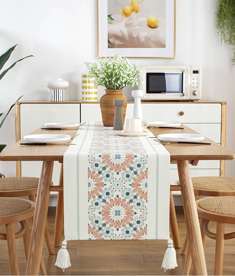 Cotton and linen Table Runners, Decorative Tassel table runners, Modern table setting.For Dining, Kitchen, Table Décor,Housewarming gift.