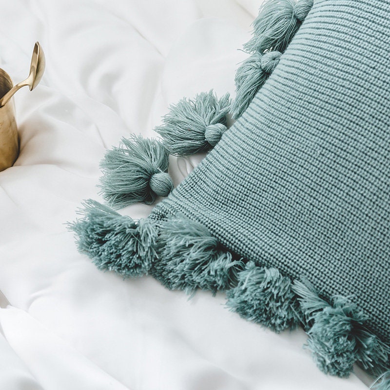 Nordic INS style knitting pillow with pure color fringe, same color double knitting pillow,Tassel knitting throw pillow, housewarming gift