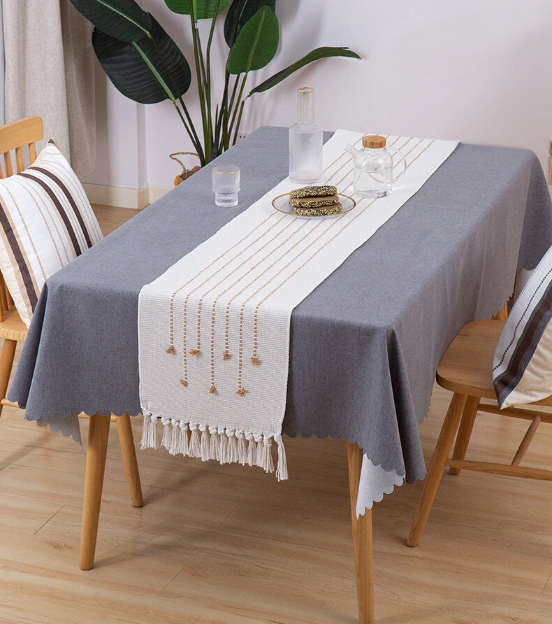 Cotton and linen Table Runners, Decorative Tassel table runners, Modern table setting.For Dining, Kitchen, Housewarming gift.