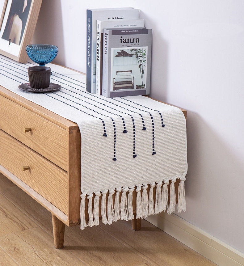 Cotton and linen Table Runners, Decorative Tassel table runners, Modern table setting.For Dining, Kitchen, Housewarming gift.
