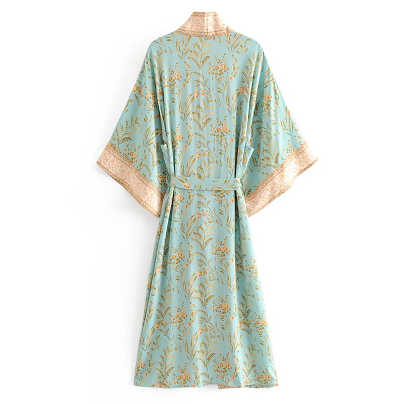 Flower Print Loose Open Front Soft long kimono cardigans,Vintage Boho Floral Print Summer Tops Belted Beachwear ,shawl for women