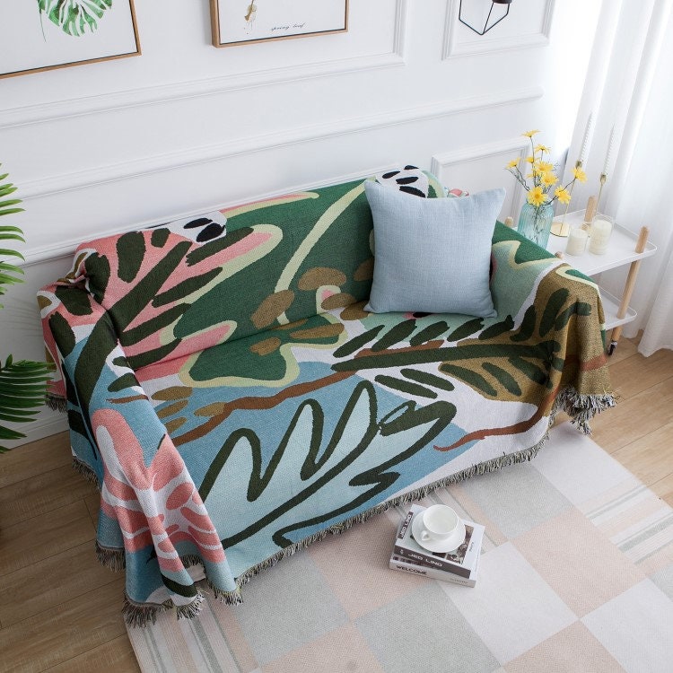 Boho jacquard Woven Blankets, Jungle plants Sofa Blanket, Picnic blanket,Beach blanke,Double-Sided Use, Gift for Her/Mothers Day Gift.