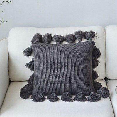 Nordic INS style knitting pillow with pure color fringe, same color double knitting pillow,Tassel knitting throw pillow, housewarming gift