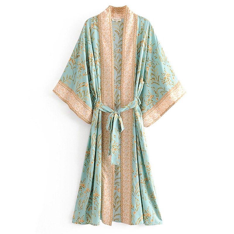 Flower Print Loose Open Front Soft long kimono cardigans,Vintage Boho Floral Print Summer Tops Belted Beachwear ,shawl for women