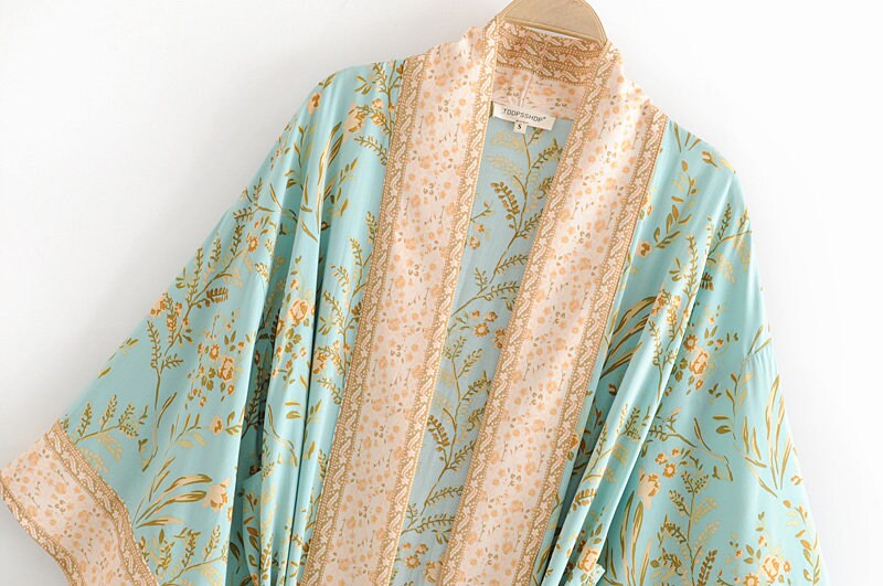 Flower Print Loose Open Front Soft long kimono cardigans,Vintage Boho Floral Print Summer Tops Belted Beachwear ,shawl for women