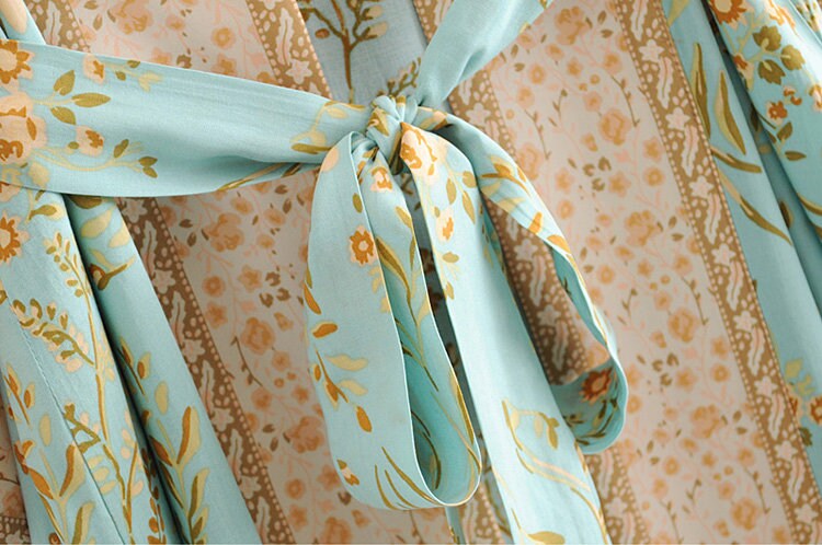 Flower Print Loose Open Front Soft long kimono cardigans,Vintage Boho Floral Print Summer Tops Belted Beachwear ,shawl for women