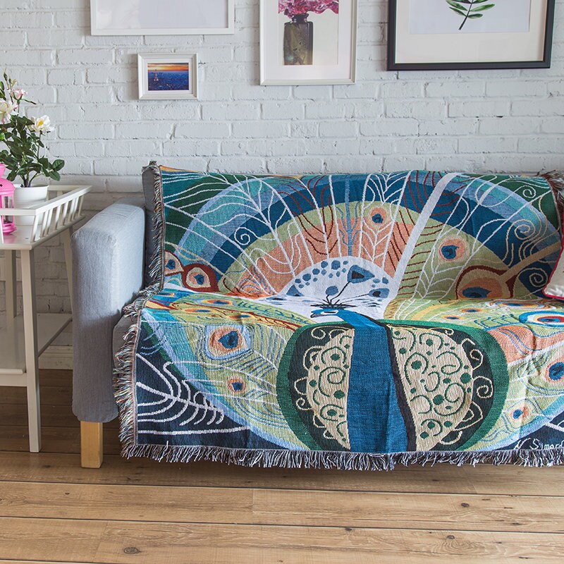 Peacock pattern sofa blanket, Double-Sided Use Sofa Throw Blanket, Large Woven Tapestry Jacquard Throw, Housewarming gift.