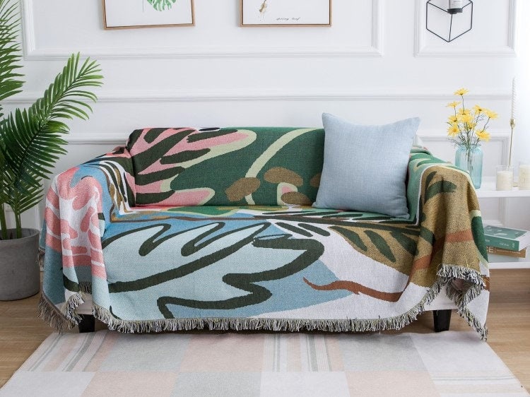 Boho jacquard Woven Blankets, Jungle plants Sofa Blanket, Picnic blanket,Beach blanke,Double-Sided Use, Gift for Her/Mothers Day Gift.