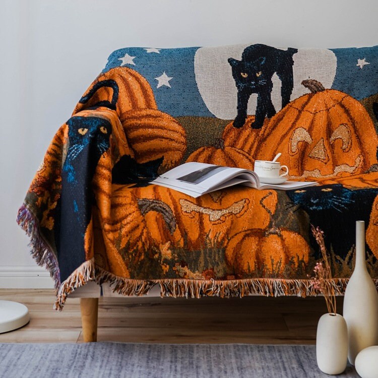 Halloween Blanket, Pumpkin Black Cat Furniture Throw, Picnic Blanket, Garden Knitted Blanket, Unique Gift, Allhallows Eve Interior