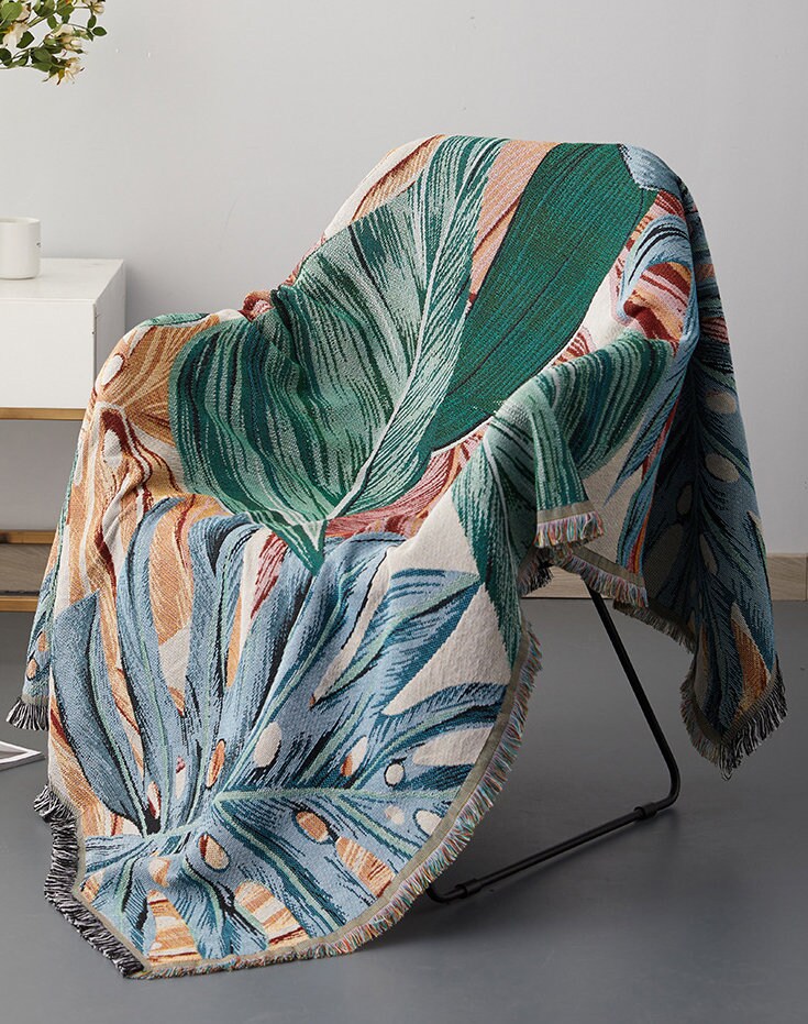 Tropical rain forest green leaves jacquard Woven Blankets, Sofa Blanket, Picnic blanket,Beach blanke,Double-Sided Use,Housewarming gift.