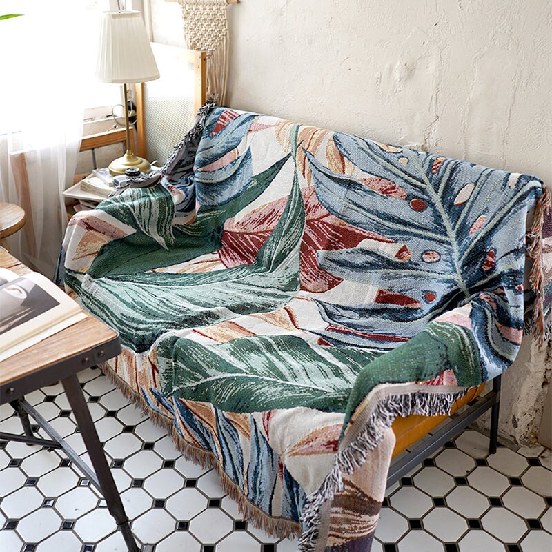 Tropical rain forest green leaves jacquard Woven Blankets, Sofa Blanket, Picnic blanket,Beach blanke,Double-Sided Use,Housewarming gift.