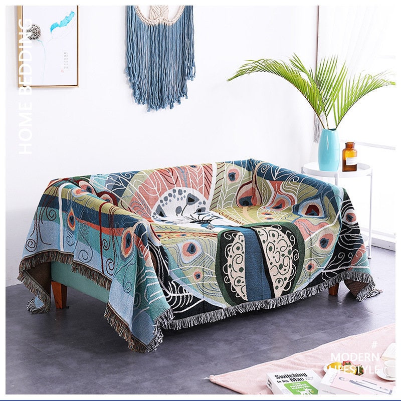 Peacock pattern sofa blanket, Double-Sided Use Sofa Throw Blanket, Large Woven Tapestry Jacquard Throw, Housewarming gift.