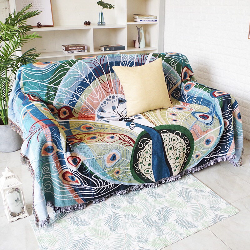 Peacock pattern sofa blanket, Double-Sided Use Sofa Throw Blanket, Large Woven Tapestry Jacquard Throw, Housewarming gift.