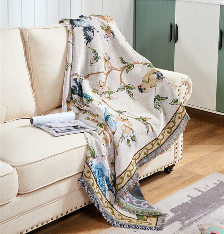 Flower w/bird Jacquard blanket,Sofa Throw,Tapestry,Shawl blanket,Leisure blanket,Decorative blanket,Bedspread,Bedroom blanket,Gift for Her