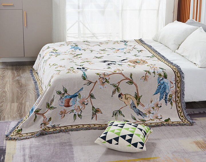 Flower w/bird Jacquard blanket,Sofa Throw,Tapestry,Shawl blanket,Leisure blanket,Decorative blanket,Bedspread,Bedroom blanket,Gift for Her