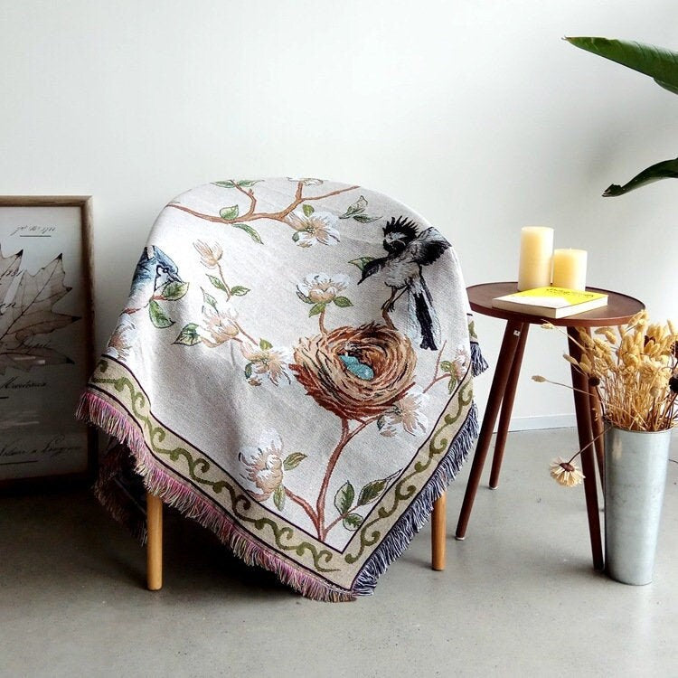 Flower w/bird Jacquard blanket,Sofa Throw,Tapestry,Shawl blanket,Leisure blanket,Decorative blanket,Bedspread,Bedroom blanket,Gift for Her