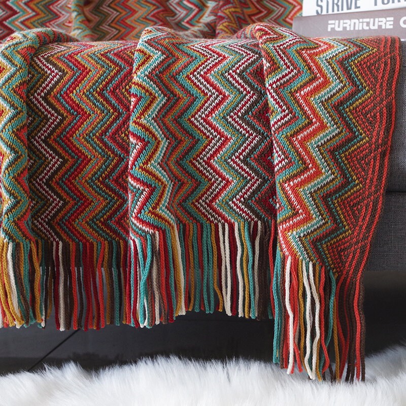Retro Vintage Mid Century Style Bohemian Sofa Throw Blanket Nordic Knitted Blanket Throw Boho Woven Fringed Sofa Throw Scandi Bed Throw