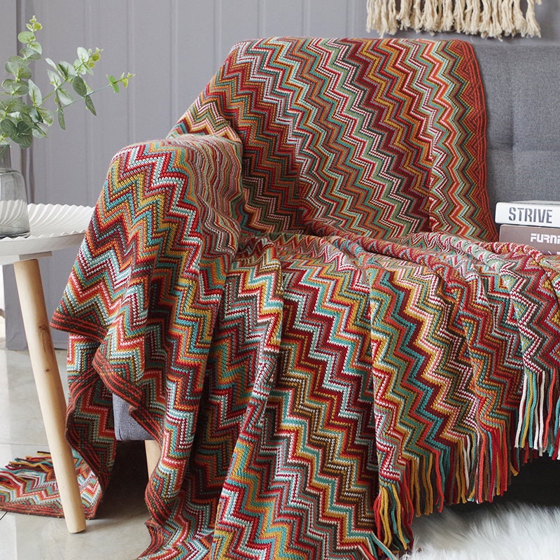 Retro Vintage Mid Century Style Bohemian Sofa Throw Blanket Nordic Knitted Blanket Throw Boho Woven Fringed Sofa Throw Scandi Bed Throw