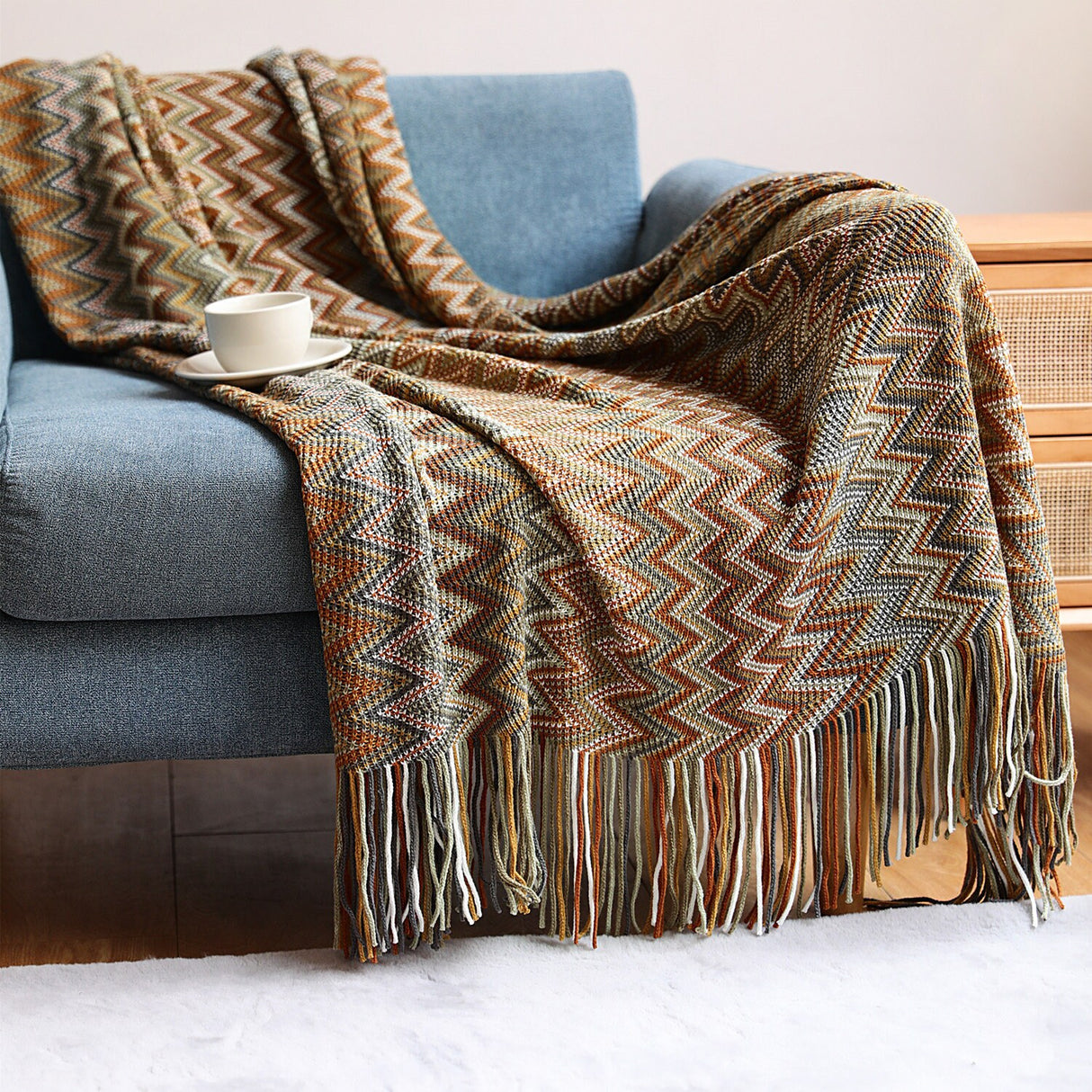 Retro Vintage Mid Century Style Bohemian Sofa Throw Blanket Nordic Knitted Blanket Throw Boho Woven Fringed Sofa Throw Scandi Bed Throw