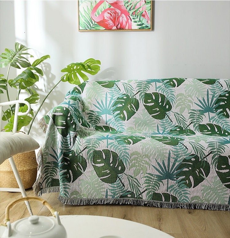 Tropical rain forest green leaves jacquard Woven Blankets, Sofa Blanket, Picnic blanket,Beach blanke,Double-Sided Use,Housewarming gift.