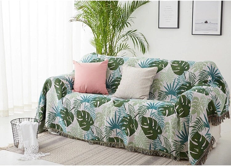 Tropical rain forest green leaves jacquard Woven Blankets, Sofa Blanket, Picnic blanket,Beach blanke,Double-Sided Use,Housewarming gift.