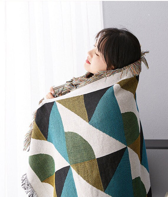 Nordic handwoven throw geometric blanket couch soft & warm, Handmade Nordic blanket for sofa, armchair, Boho home decor, tapestry blanket