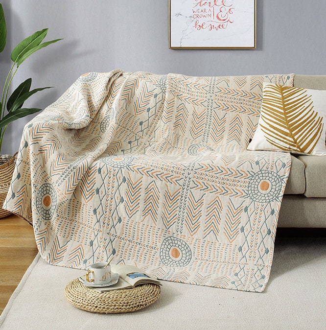 Bohemia Cotton Blanket Throw,Cotton Blanket 4-Layers Double-sided Woven Home Decor Bedding,Cozy Nap Throw Blanket,Housewarming gift.