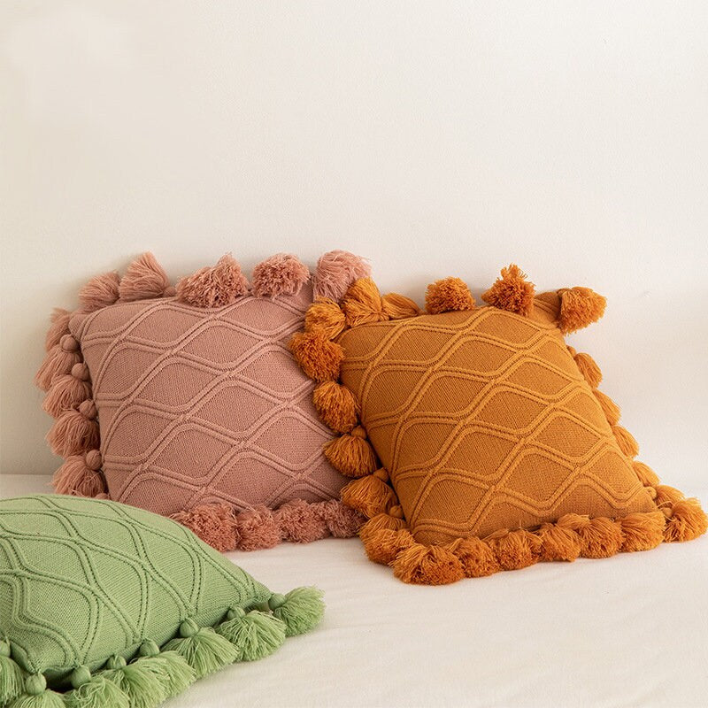 Nordic INS style knitting pillow with pure color fringe, same color double knitting pillow,Tassel knitting throw pillow, housewarming gift