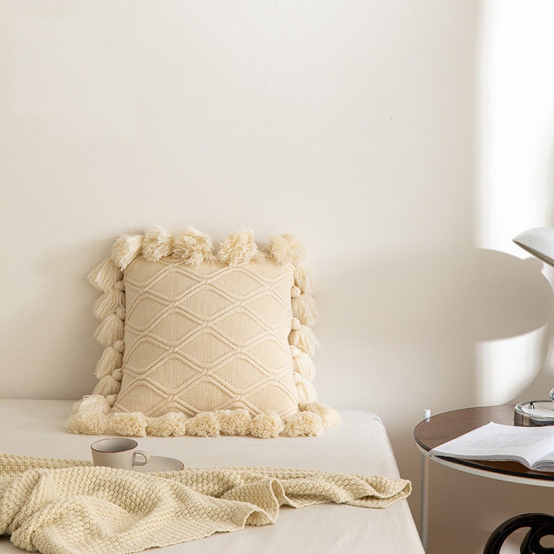 Nordic INS style knitting pillow with pure color fringe, same color double knitting pillow,Tassel knitting throw pillow, housewarming gift