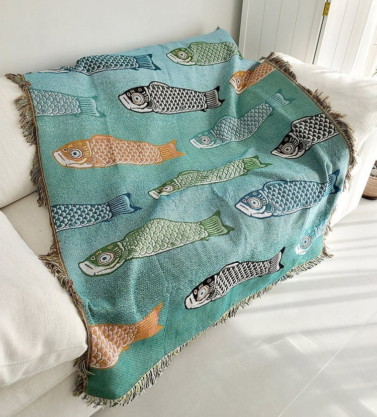 More fish jacquard Woven Blankets, Sofa Blanket, Picnic blanket,Beach blanke,Double-Sided Use,Housewarming gift.