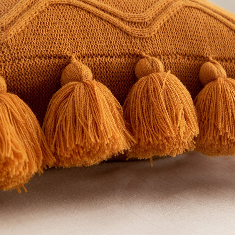 Nordic INS style knitting pillow with pure color fringe, same color double knitting pillow,Tassel knitting throw pillow, housewarming gift