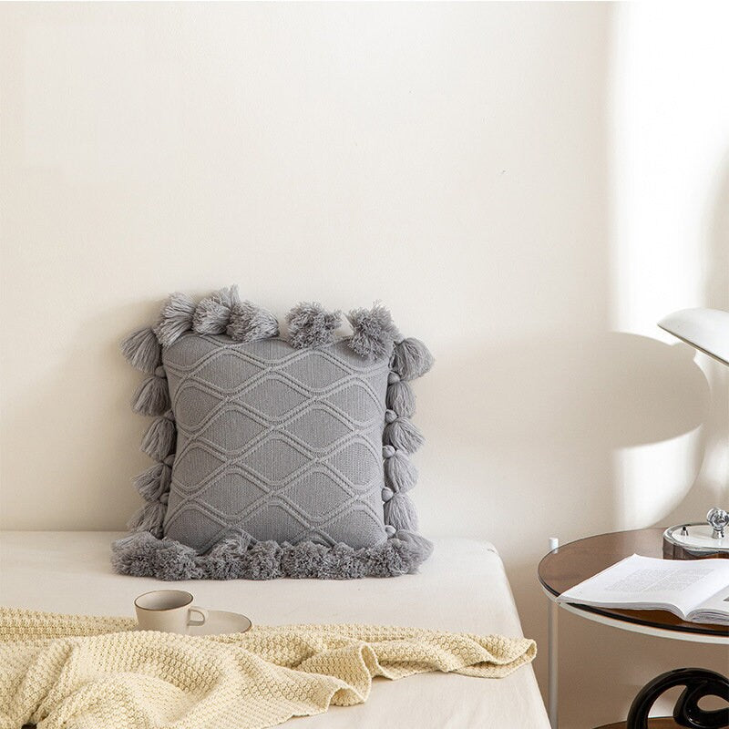 Nordic INS style knitting pillow with pure color fringe, same color double knitting pillow,Tassel knitting throw pillow, housewarming gift