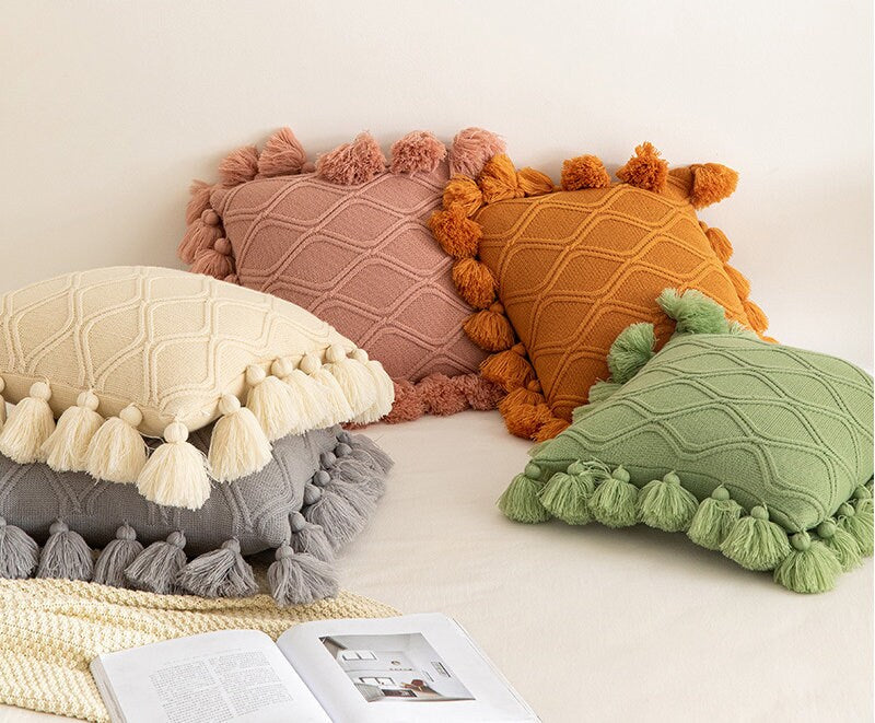 Nordic INS style knitting pillow with pure color fringe, same color double knitting pillow,Tassel knitting throw pillow, housewarming gift