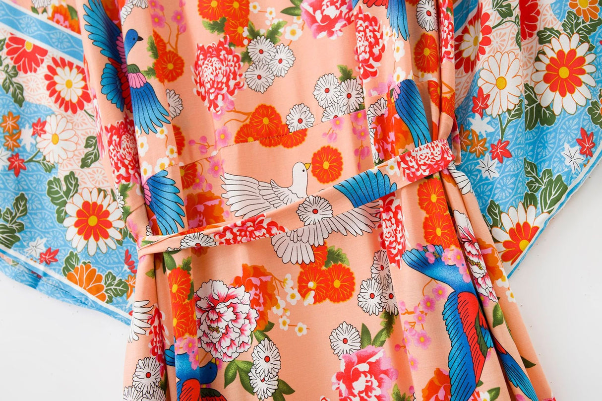 Cotton Kimono Boho Vintage Fly Bird Print Sashes Women Bohemian V Neck Batwing Sleeves happy short robe Kimono Jacket,gift for her