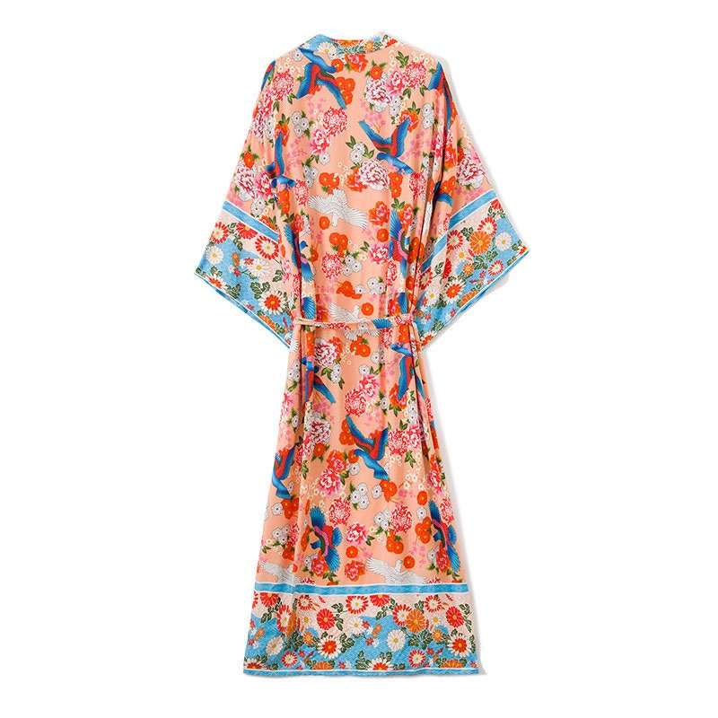 Cotton Kimono Boho Vintage Fly Bird Print Sashes Women Bohemian V Neck Batwing Sleeves happy short robe Kimono Jacket,gift for her