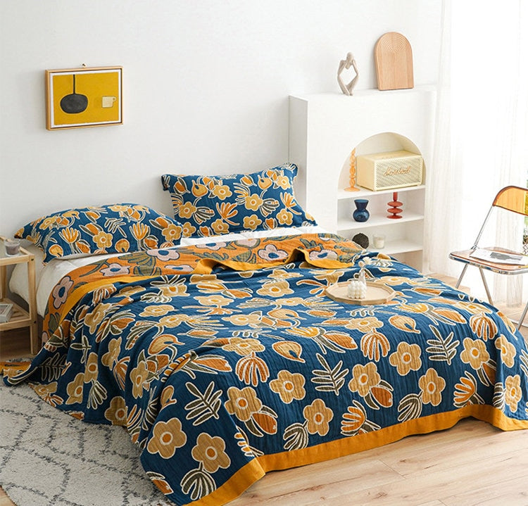 Five Layers Cotton Blanket 100% cotton bedcover Sofa Blanket,Yellow Edging Decorative Bed Woven Cotton Blanket,Housewarming gift.