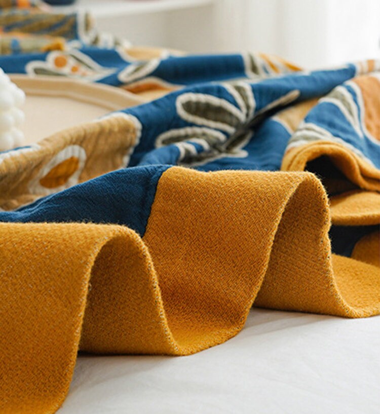 Five Layers Cotton Blanket 100% cotton bedcover Sofa Blanket,Yellow Edging Decorative Bed Woven Cotton Blanket,Housewarming gift.