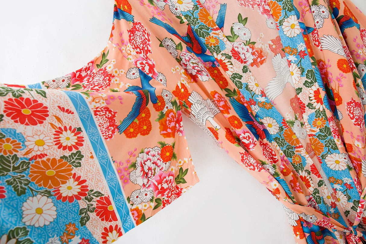 Cotton Kimono Boho Vintage Fly Bird Print Sashes Women Bohemian V Neck Batwing Sleeves happy short robe Kimono Jacket,gift for her