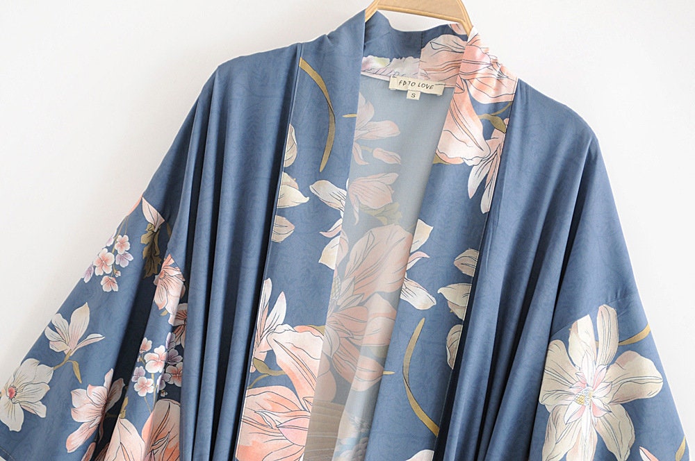 Kimono Boho Vintage Blue Peacock Print Sashes Women Bohemian V Neck Batwing Sleeves Happy Short Robe Kimono Jacket,Gift For Her
