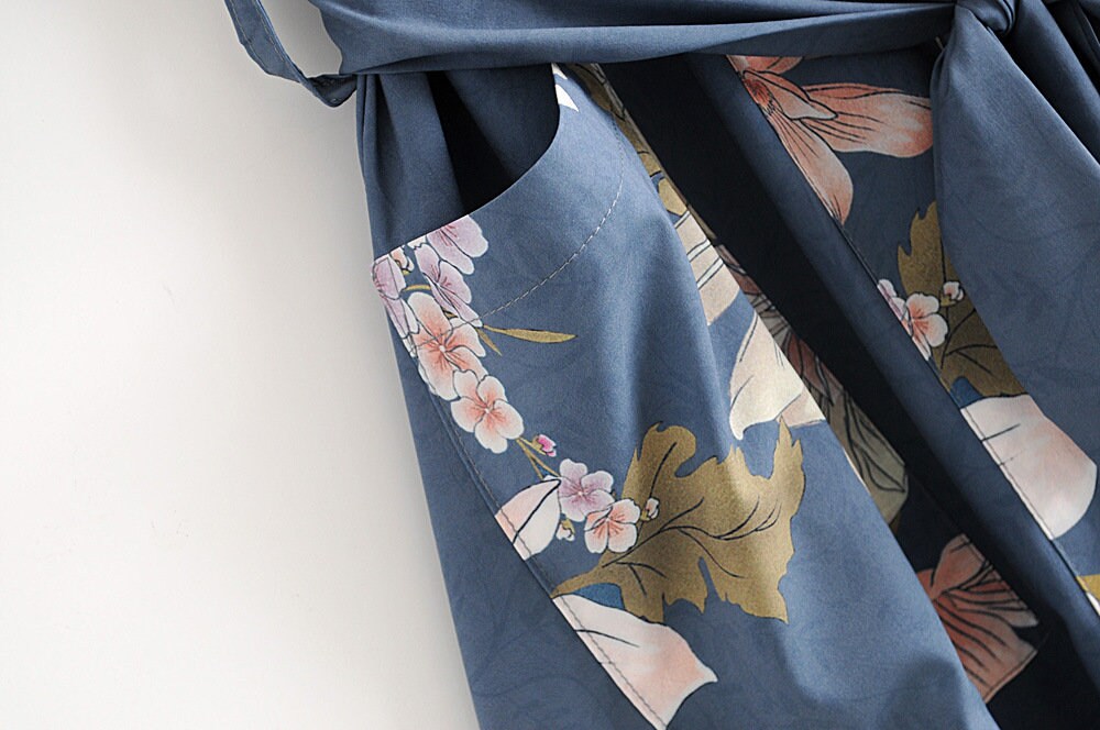 Kimono Boho Vintage Blue Peacock Print Sashes Women Bohemian V Neck Batwing Sleeves Happy Short Robe Kimono Jacket,Gift For Her