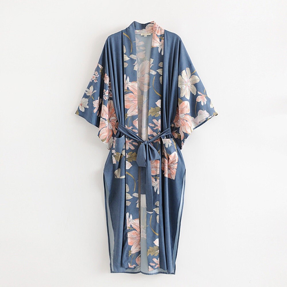 Kimono Boho Vintage Blue Peacock Print Sashes Women Bohemian V Neck Batwing Sleeves Happy Short Robe Kimono Jacket,Gift For Her