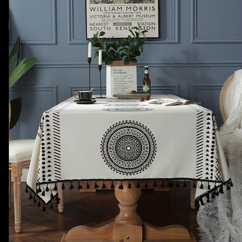 Canvas Print Boho Mandala Tablecloth,black tassel tablecloth,Kitchen, Table Décor,Housewarming gift.