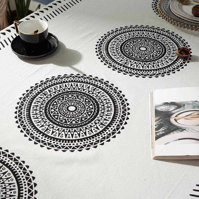 Canvas Print Boho Mandala Tablecloth,black tassel tablecloth,Kitchen, Table Décor,Housewarming gift.