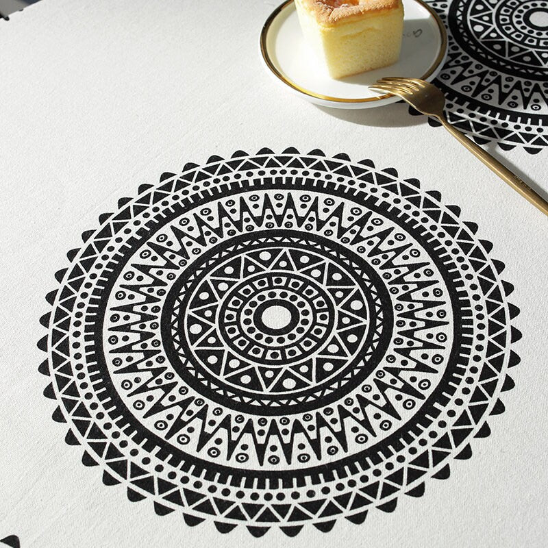 Canvas Print Boho Mandala Tablecloth,black tassel tablecloth,Kitchen, Table Décor,Housewarming gift.